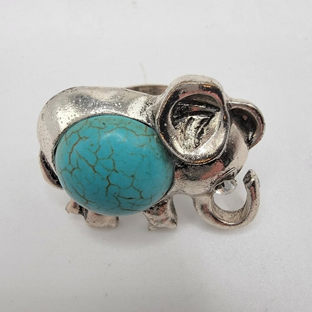 Silver Tone Elephant Ring With Turquoise Colored Stone Rhinestone Eye‎ Sz 8